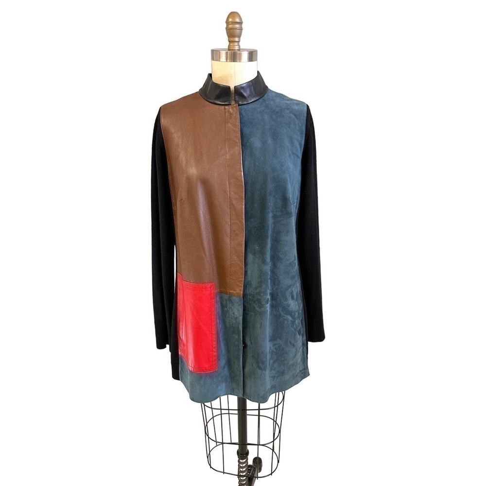 VTG PER SE Colorblock Leather & Suede Long Cardigan Sweater Sz. 16